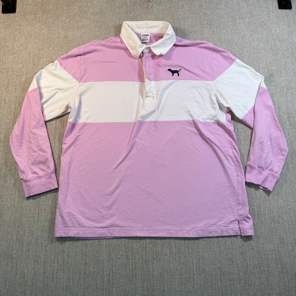 Victoria's Secret PINK Rugby Shirt Long Sleeve Pink White Colorblock Large
